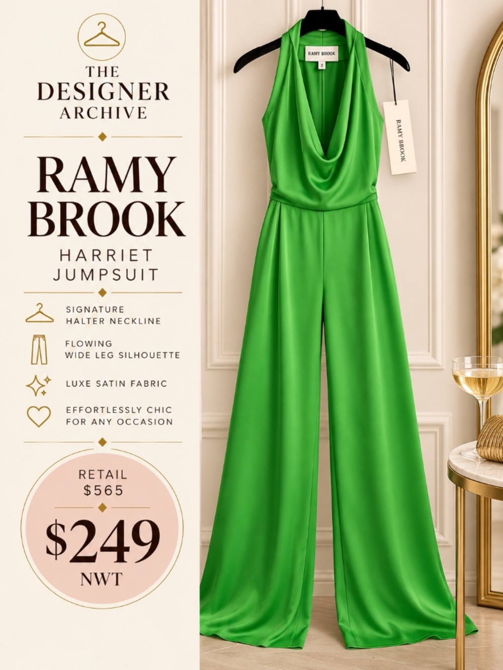 Ramy Brook Harriet Satin Halter Jumpsuit Palm Green NWT Size 2